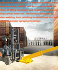 Heavy Duty Adjustable Forklift Telescopic Truss Jib Boom With Rock Solid Hella Strong Lifting Hook mounted on forklift in industrial setting.
