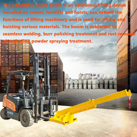 Heavy Duty Adjustable Forklift Telescopic Truss Jib Boom With Rock Solid Hella Strong Lifting Hook mounted on forklift in industrial setting.