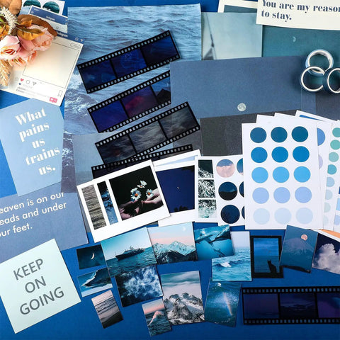 114 Piece Aesthetic Scrapbook Kit with posters, stickers, film strips, and text paper for DIY junk journaling and vintage collage.