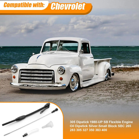 White vintage Chevrolet truck near beach with Chevy Small Block Dipstick 1980 Up Compatible With 265 283 305 327 350 383 400 SBC