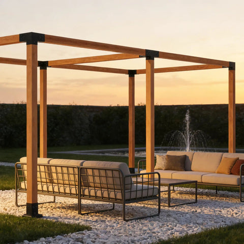 Outdoor setting with pergola using Beefed Up Iron Pergola Bracket Kit For 4x4 Posts With 3 Way And 4 Way Corner Brackets Includes Metal Base