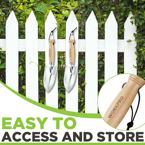 11 Inch Garden Hand Trowel With Wood Handle, Tough As Nails Heavy Duty Polished Stainless Steel Digging Tool hanging on fence
