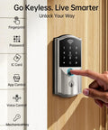 Slick Wifi Smart Lock For Front Door Keyless Entry Electronic Deadbolt with digital keypad and fingerprint scanner on wood door.