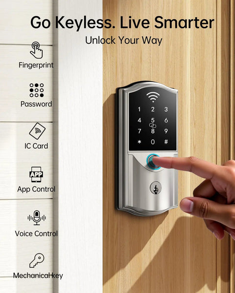 Slick Wifi Smart Lock For Front Door Keyless Entry Electronic Deadbolt with digital keypad and fingerprint scanner on wood door.
