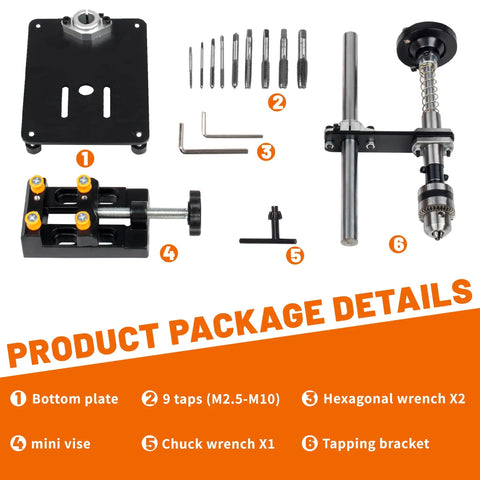 Handy Compact Desktop Manual Tapping Machine With Bench Vice Portable Vertical Tap Tool Includes Nine Taps M2.5 To M10 parts displayed