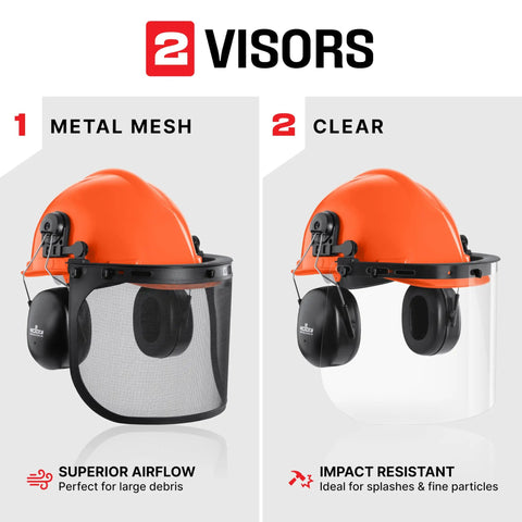 Six-In-One Chainsaw Helmet With Face Shield And Ear Muffs For Forestry And Arborist Work, showing metal mesh and clear visor options