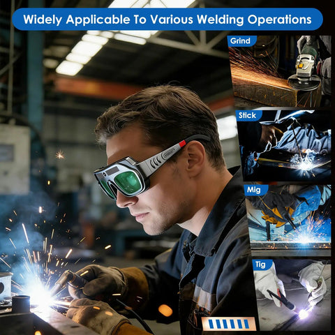Top Shelf Auto Darkening Welding Goggles With Solar Powered True Color Lens For Grinding And Heavy Duty Projects in use during welding.