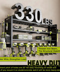 Power Tool Organizer Wall Mount With Four Layers And Eight Drill Holders Heavy Duty Cordless Drill Organizer For Your Garage or Workshop Space Saving Rack In Black, installed view, holds drills and tools.