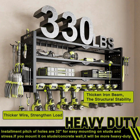 Power Tool Organizer Wall Mount With Four Layers And Eight Drill Holders Heavy Duty Cordless Drill Organizer For Your Garage or Workshop Space Saving Rack In Black, installed view, holds drills and tools.