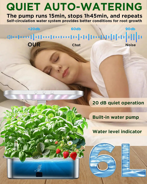 Plug In And Grow Indoor Hydroponics Garden System With Full Spectrum 24W LED Grow Light For Vegetables And Herbs, 15 Pod Germination Kit, Quiet Pump, No Fuss Setup, Great Gift For Home Gardeners