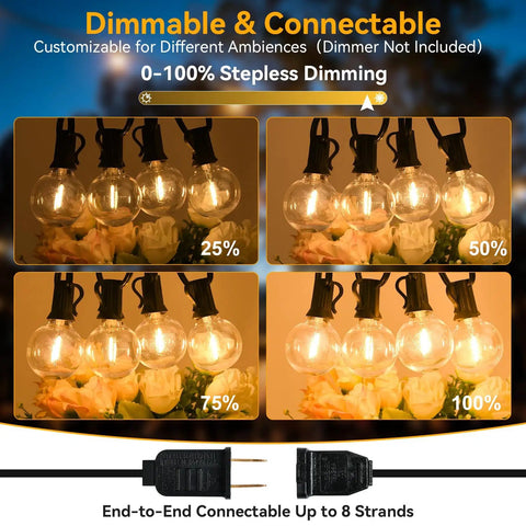 Lit 100 Ft Outdoor String Lights Waterproof Connectable Dimmable With 62 LED Shatterproof Bulbs G40 Globe Warm White 2700K UL