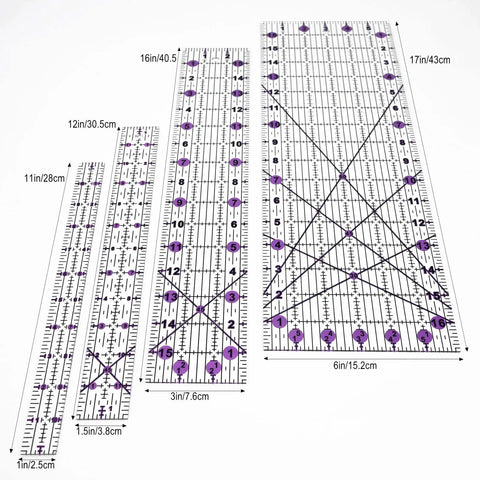 Pro Quilting Ruler Set For Patchwork And Sewing, Acrylic Templates, Precision Cutting Tools In Purple, Includes 4 Rulers