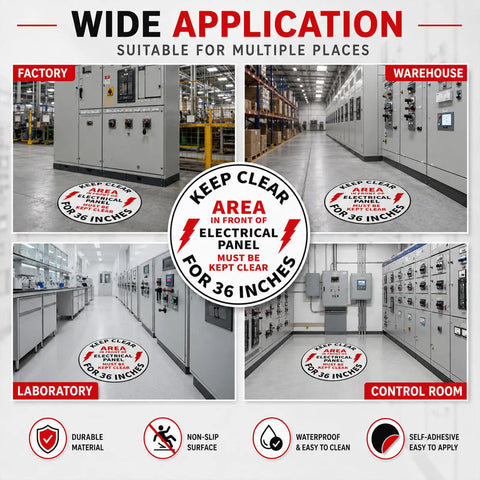 Yo Workers Need To Grab These 5 Pack 17 Inch Anti Slip Electrical Panel Clear Floor Stickers High Visibility Safety Decals in various settings.