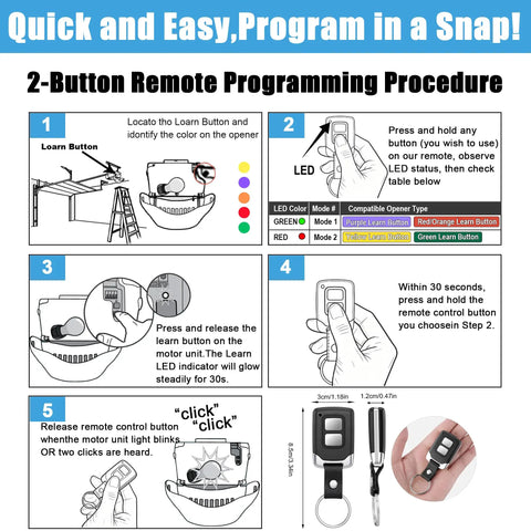 Diagram showing programming steps for Universal 2 Pack Garage Door Opener Remote Replacement For Chamberlain LiftMaster Craftsman.