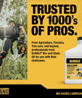 Professional using chainsaw lubricated with Biodegradable Bar And Chain Oil For Chainsaws And Pole Saws Eco Friendly Non Toxic Lubricant