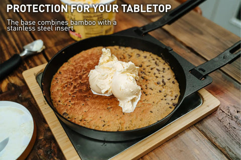 Ice cream on cookie in Pi Cast Iron Three Piece Cookware Set With Round Skillet And Reversible Grill Griddle Removable Handles Bamboo Base