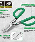 8 Inch Compound Action Tin Snips With Forged Blade For Heavy Duty Metal Cutting Tough Sheet Metal Shears With Ergonomic Handle Comfortable Grip High Carbon Steel Construction, shown with ergonomic green handles and labeled features.