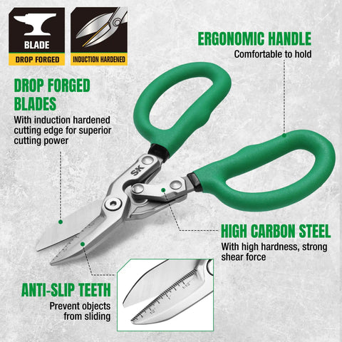 8 Inch Compound Action Tin Snips With Forged Blade For Heavy Duty Metal Cutting Tough Sheet Metal Shears With Ergonomic Handle Comfortable Grip High Carbon Steel Construction, shown with ergonomic green handles and labeled features.