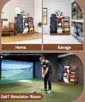 Double Golf Bag Storage Rack For Two Full-Size Bags with shoe shelves in home, garage, and golf simulator room settings.