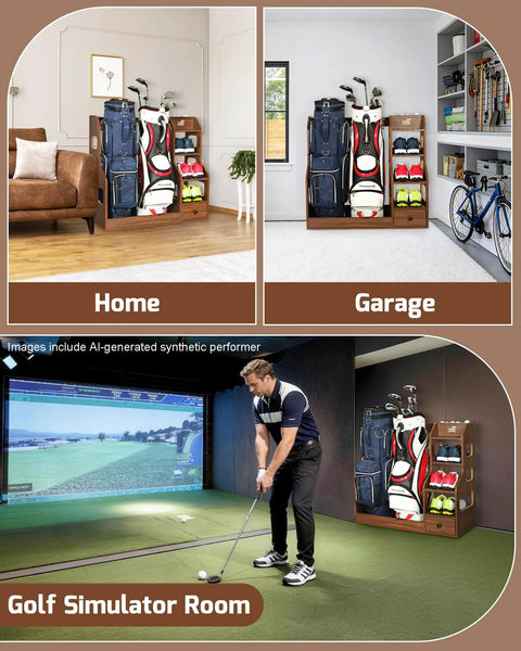 Double Golf Bag Storage Rack For Two Full-Size Bags with shoe shelves in home, garage, and golf simulator room settings.