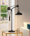 Dope 33.5 Inch Tall Industrial Table Lamp With Solid Wheel Pulley System And Blackened Bronze Metal Shade on side table