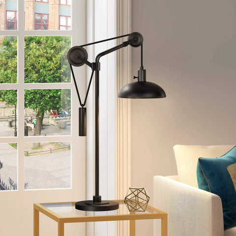 Dope 33.5 Inch Tall Industrial Table Lamp With Solid Wheel Pulley System And Blackened Bronze Metal Shade on side table