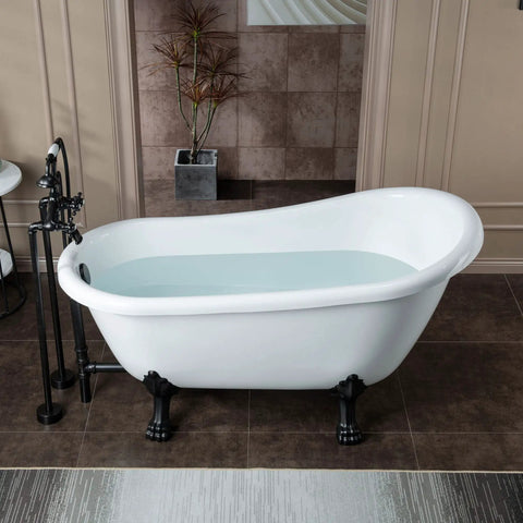 Slick Freestanding Clawfoot Tub Bundle Featuring Top Shelf Oil Rubbed Bronze Faucet And Drain Assembly All In One Premium Bathroom Soaking Package For Effortless Setup with water.