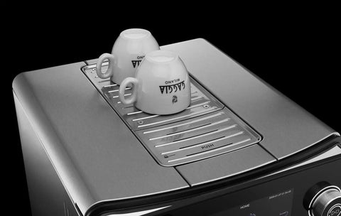 Top Tier Heavy Hitter Italian Fully Automatic Espresso Machine With Brushed Stainless Steel Housing, two white cups on top.