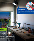 Beast Bright Outdoor Solar Flood Light 294 LED Motion Sensor installed in garage with tools, showing mode and warning.