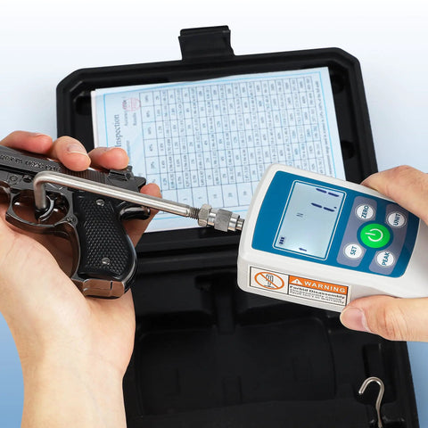 Digital Push Pull Force Gauge 500N With Real Time Peak And First Peak Modes Reads In N Lb Kg Oz With 0.1N Resolution Auto Shutoff 2 AAA Batteries Included Max Load 50Kg 110Lb 1800Oz Four Units Display For Precise Tension And Pull Tests. metal gauge testing pistol grip in case