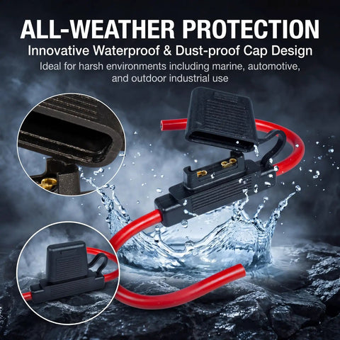 Heavy Duty Inline Blade Maxi Fuse Holder Kit With 6 Awg Wiring And Assorted Amp Blade Fuses Featuring Flippable Caps in water with dust-proof cap.