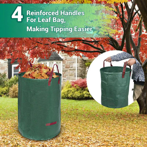 Reusable 32 gallon leaf bags under autumn tree, showcasing reinforced handles, part of Adjustable Garden Rake With 36 To 73 Inch Extendable Handle 18 Inch Wide Head 25 Metal Tines Heavy Duty Yard Cleanup Tool With Reusable 32 Gallon Leaf Bags Perfect For Lawns Grass Shrubs And Flower Beds