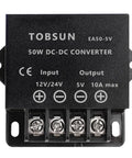 DC 12V/24V To 5V 10A Step Down Converter For Car Audio And 5V Gadgets 50W Power Regulator front view.