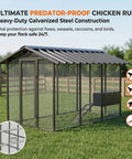 Walk-In Chicken Coop For Backyards Big Rugged 9 By 6 By 6 Feet Predator-Proof All-Metal Cage With 1.2mm Wire Mesh Galvanized Steel Roof And Nesting Boxes Weatherproof Hen House For 10 To 20 Hens displayed in a grassy area.