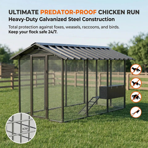 Walk-In Chicken Coop For Backyards Big Rugged 9 By 6 By 6 Feet Predator-Proof All-Metal Cage With 1.2mm Wire Mesh Galvanized Steel Roof And Nesting Boxes Weatherproof Hen House For 10 To 20 Hens displayed in a grassy area.
