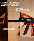 Speed-Klamp 12 Inch Bar Clamp Set clamping wooden boards with 150-pound force, one-handed operation, I-beam construction visible