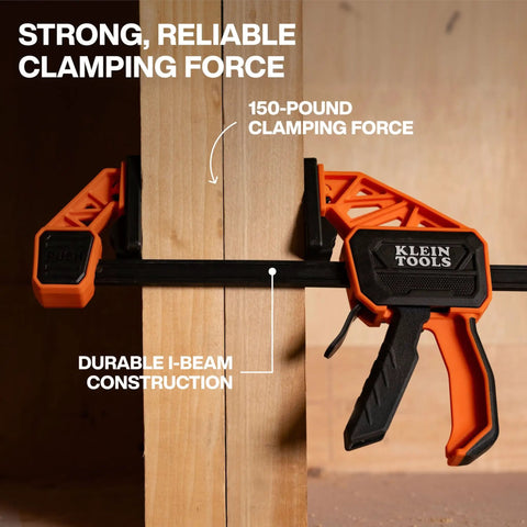 Speed-Klamp 12 Inch Bar Clamp Set clamping wooden boards with 150-pound force, one-handed operation, I-beam construction visible