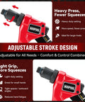 Adjustable Stroke Rivet Gun Kit With Heavy Duty Hand Riveter, red design, ideal for auto repair and DIY projects, with settings visible