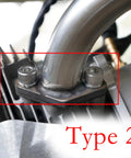 Close-up of Exhaust Muffler Pipe Mounting Hardware Studs Kit installed on engine, showing studs and bolts, Type 2, rugged design.