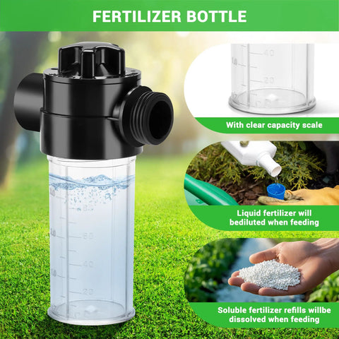 Fertilizer bottle with clear capacity scale for deep root watering spike for trees with fertilizer bottle stainless steel root feeder brass valve, showing liquid and soluble fertilizers