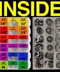 Front view of stainless steel fender washer set in two organizers; SAE sizes #6-#10, up to 1/2 inch, 220 pcs