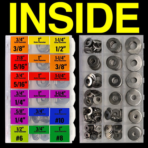 Front view of stainless steel fender washer set in two organizers; SAE sizes #6-#10, up to 1/2 inch, 220 pcs