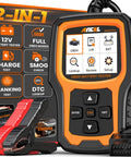 Two In One OBD2 Car Diagnostic Scanner And Battery Tester with display, buttons, and cables for engine codes and 12V battery test.