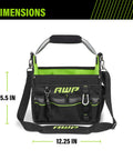 Front view of 12 Inch Pro Tool Tote With Rotating Handle For Easy Access, Water Resistant Construction, Black, Durable Tool Bag