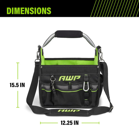 Front view of 12 Inch Pro Tool Tote With Rotating Handle For Easy Access, Water Resistant Construction, Black, Durable Tool Bag
