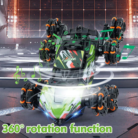 ToyFuntasy 8-wheel remote-control car with green camouflage body and LED lights.