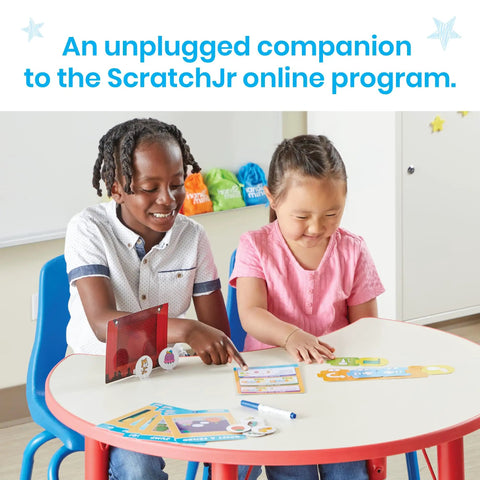 Children using Screen Free Block Based Coding Set For Kids With ScratchJr Unplug And Learn Computer Science Hands On STEM Activities