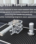 Premium Clear Acrylic Espresso Tamper Station With Adjustable Height and Solid Portafilter Holder on black mat.
