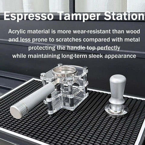 Premium Clear Acrylic Espresso Tamper Station With Adjustable Height and Solid Portafilter Holder on black mat.