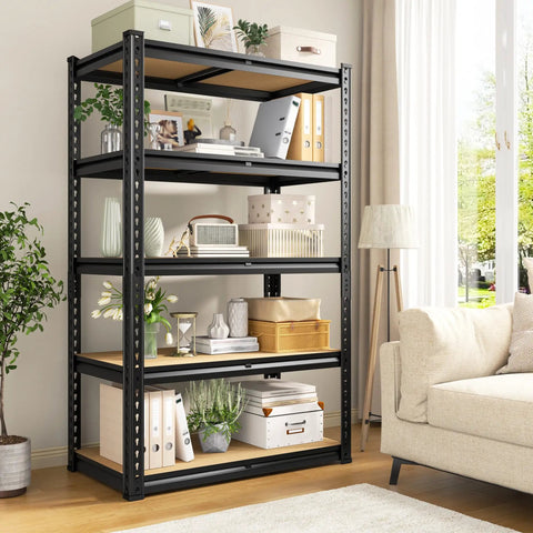 Workhorse Heavy Duty Steel Garage Shelving With Smooth Edges For Garage Basement Shed And Pantry Stable Durable Storage With Rolled Edge Uprights Scratch Resistant Coating Anti Tip Kits For Safe Easy Organization, black 5-tier unit in living room
